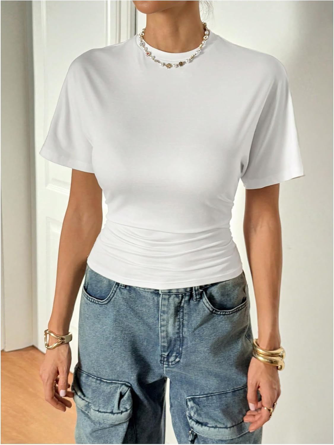 SweatyRocks Women's Dolman Short Sleeve Crop Top Crew Neck Fitted Shirts Casual Going Out T Shirt - Image 4