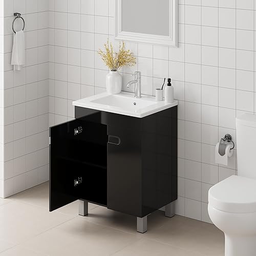 Miniatura 9 de wonline Tocador de baño de 20 pulgadas con fregadero de resina, diseño moderno MDF gabinete de baño combinado con fregadero de recipiente blanco y