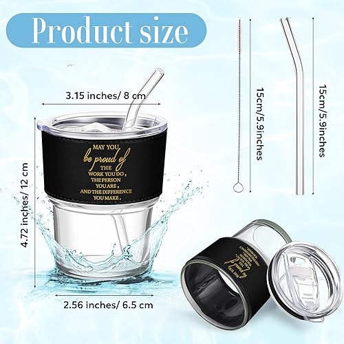 Miniatura 2 de Inbagi Vasos de agua con funda de cuero, vaso de vidrio motivacional de 13.5 onzas, taza de café de agradecimiento para empleados, regalos de