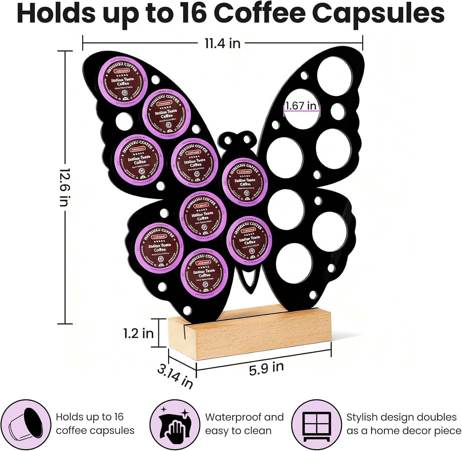 Butterfly Shaped K Cup Holder, Coffee Pod Storage Organizer for 16 Capsules, Classic Black Coffee Bar Accessories, Compatible with Most K-Cups, Suitable for Home Kitchen & Office Countertop
