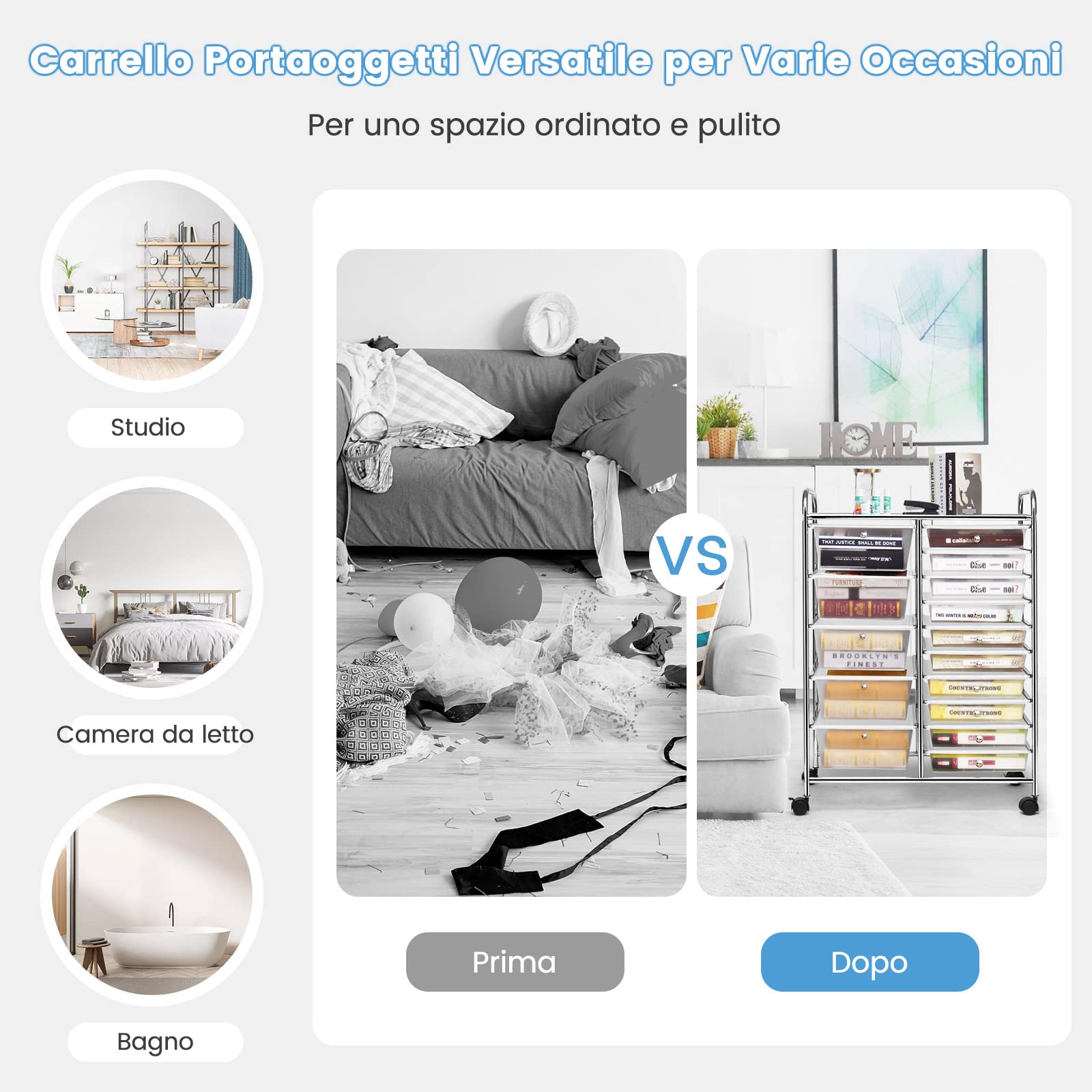 GYMAX Carrello Portaoggetti con 15 Cassetti Staccabilea, Carrellino Salvaspazio con Ruote, per Uffici, Parrucchieri, Studio, Soggiorno, 62,5 x 37 x 87 cm (TRASPARENTE)