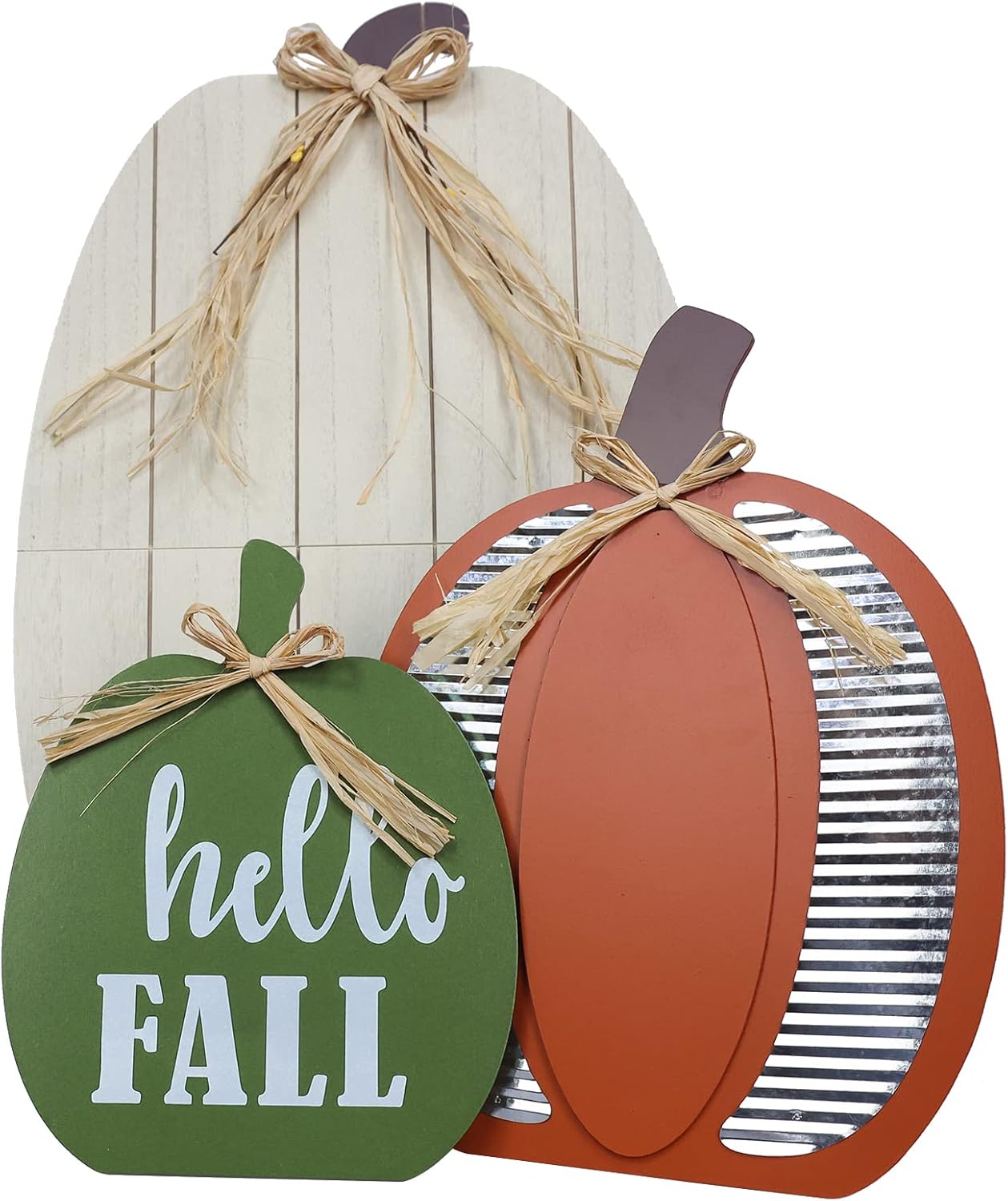 DECSPAS Fall Decorations for Home & Outdoor, 24" White Pumpkin Wood Porch Standing Decor - 3 Pack Red, White, Green Pumpkins for Front Door, Garden, Patio, Thanksgiving