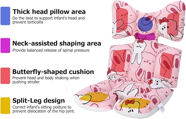 Coussin de Siège Réversible pour Poussette Matelas Universel Soutien Bébé Coussin Réducteur de Landau en Coton pour Enfant Fille Garçon (Lapin Rose) - 2