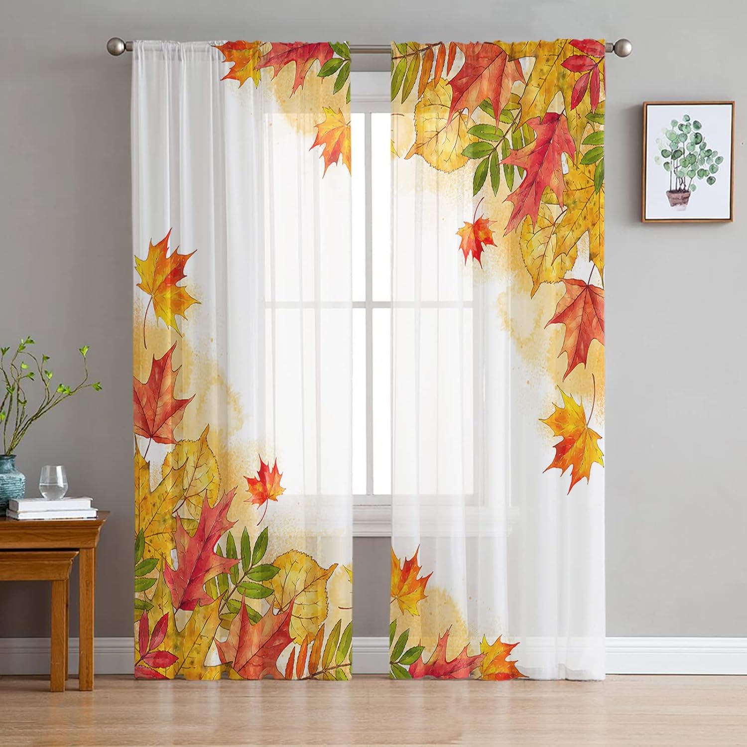 MACONAA Sheer Curtains 84 Inches Long,Maple Leaves Curtain