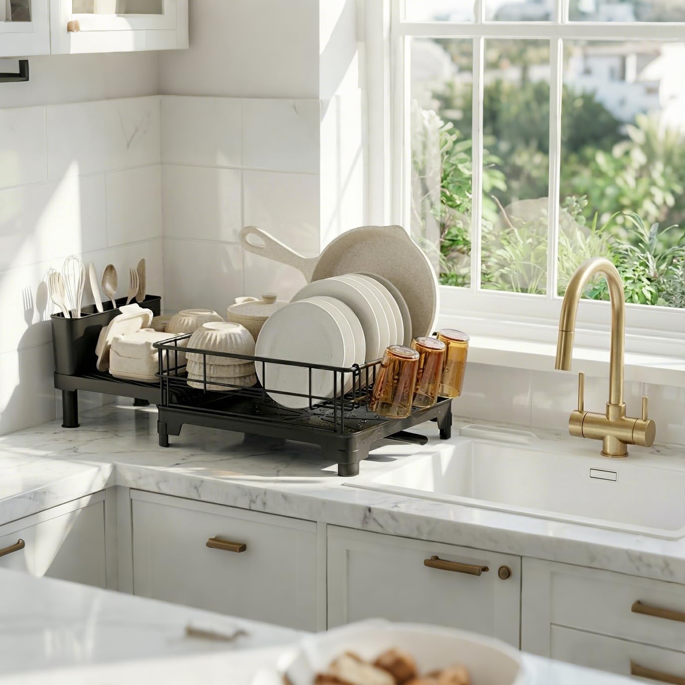 GSlife Large Dish Drying Rack for Kitchen Counter, Expandable Rust Resistant Dish Drainer with Drainboard & Utensil Holder, Adjustable Dish Rack with Vertical Pot Storage, 12.6"W x 18.7"-25.2"L, Black