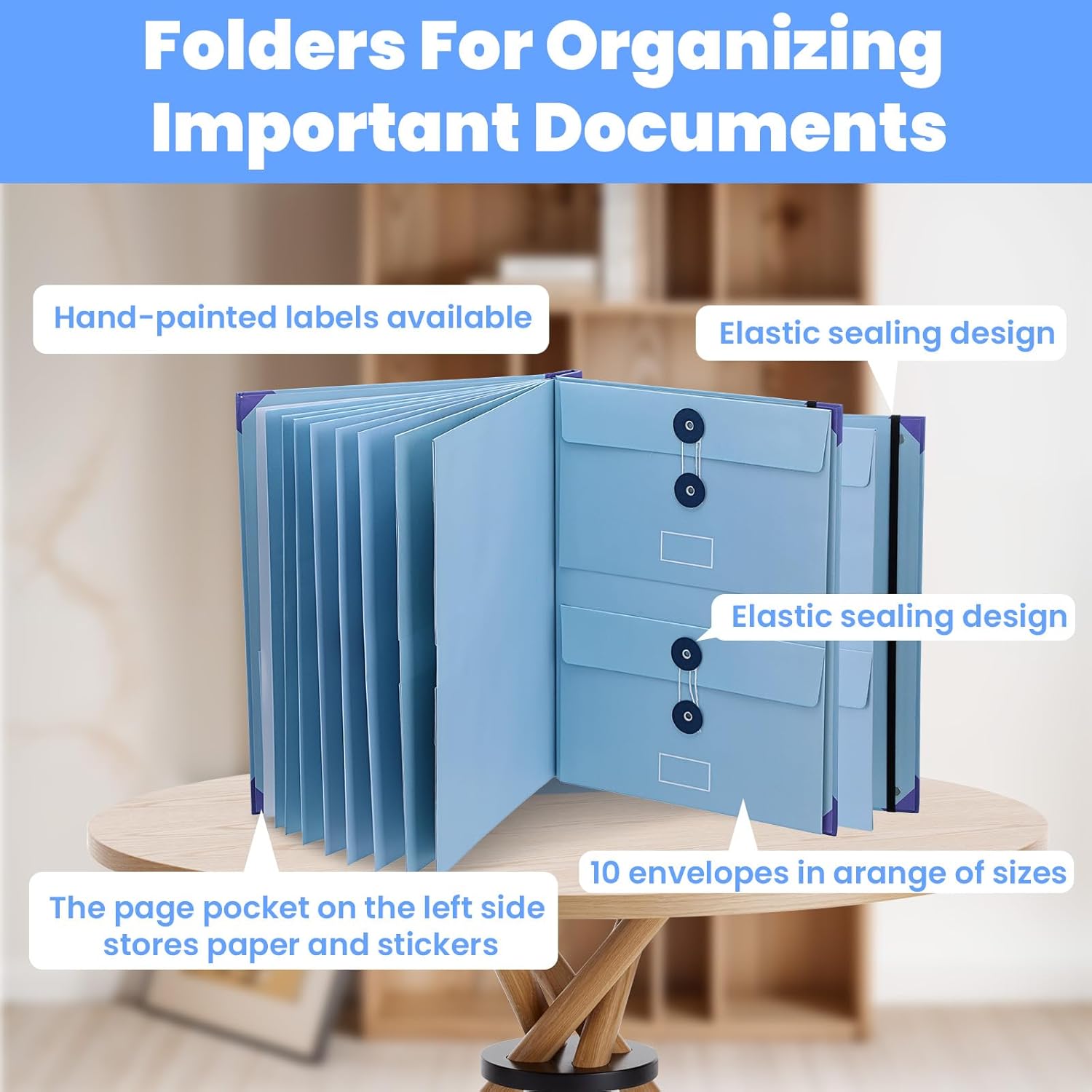 Important Document Organizer, Folio Folders with Pockets, Folder with Labels Pockets, for Emergency Documents, Birth Certificates, Damage Resistant Folder,Passports, School & Offices (Blue)