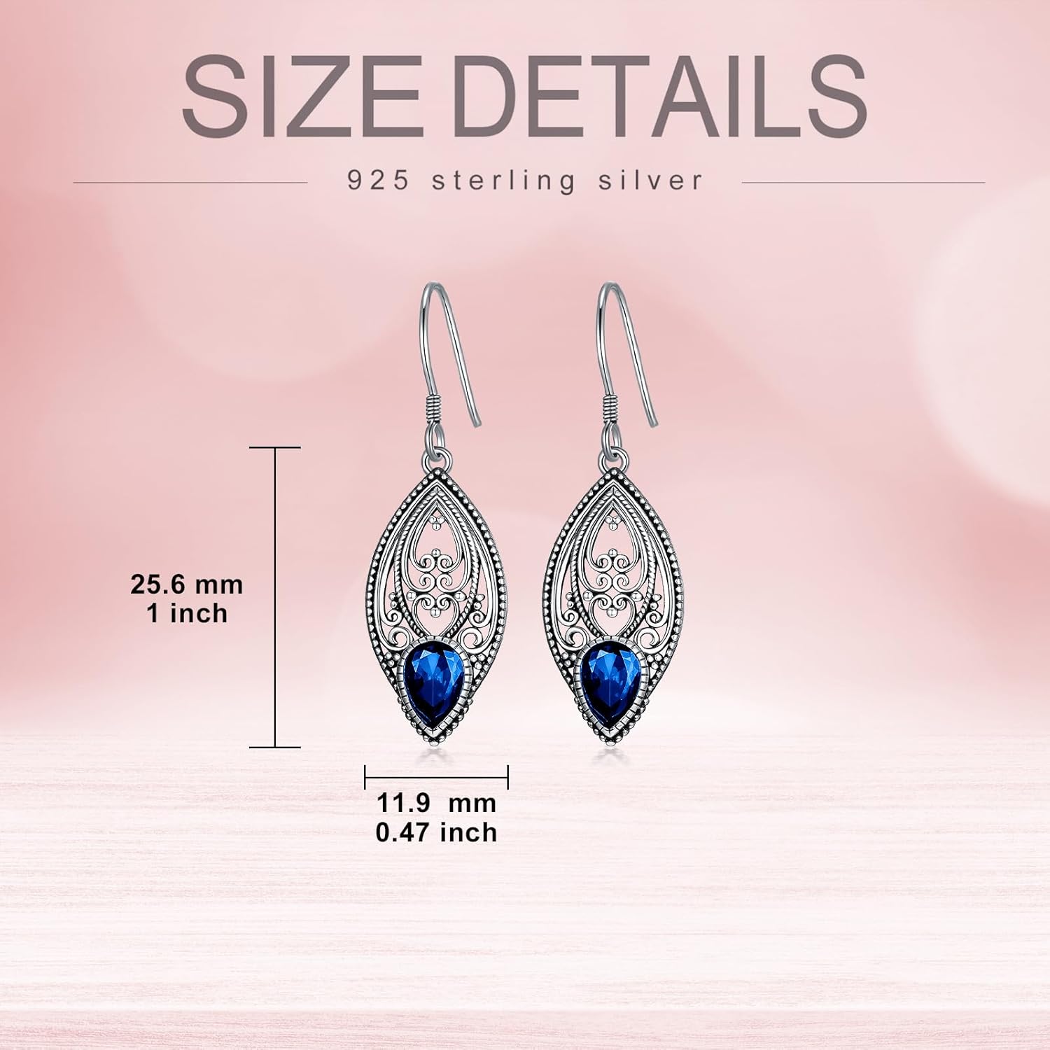 925 Sterling Silver Vintage Oxidized Filigree Dangle Drop Earrings with 7mm Teardrop 12 Months Birthstone Jewelry Gifts for Women