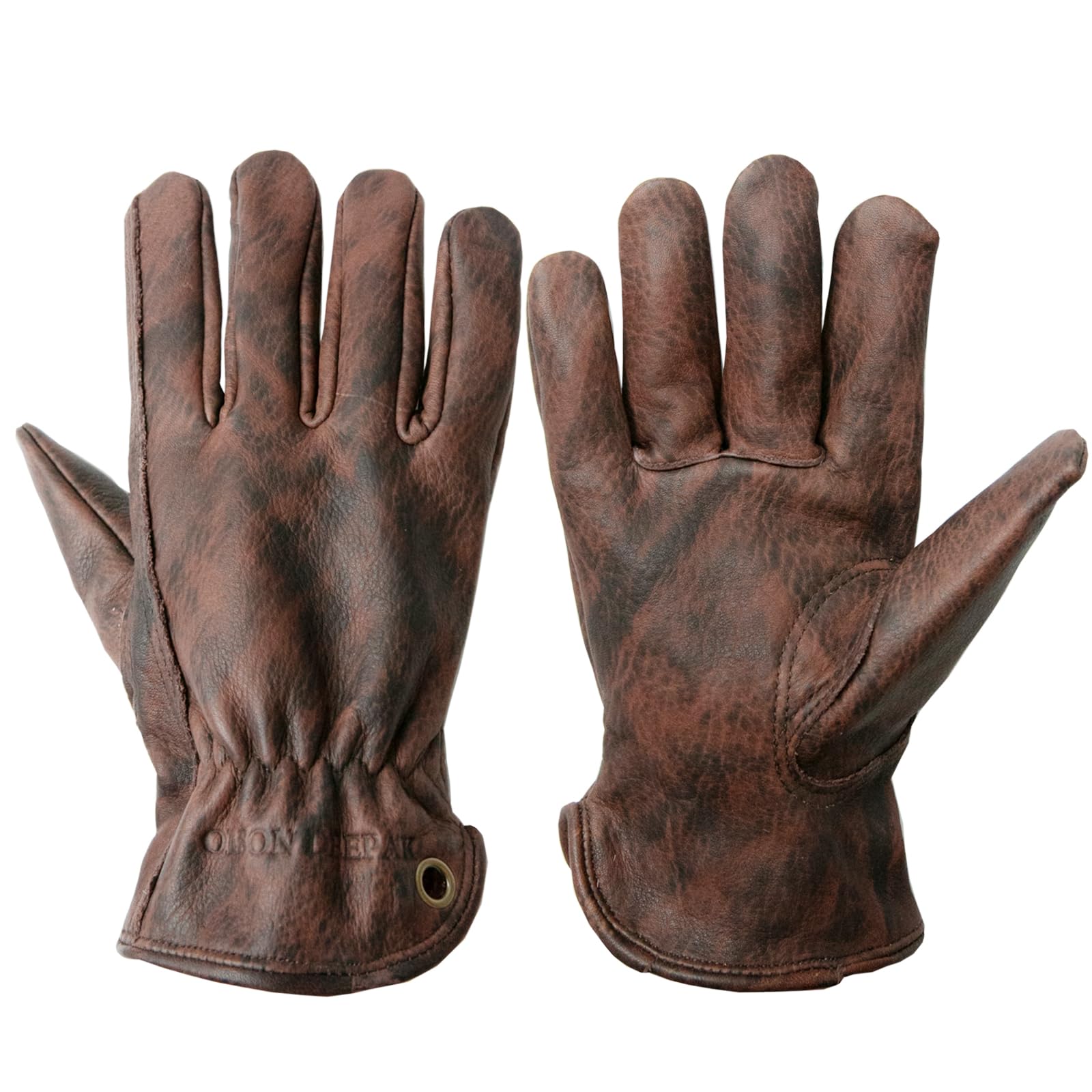 OLSON DEEPAK Mens Cowhide Leather Work Gloves Medium,Oiled Leather Gardening Gloves Womens,Utility Safety Working Gloves for Campinging/Welding/Driving/BBQ/Bushcraft,Retro Motorbike