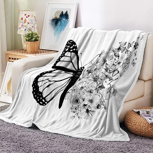 Manta de mariposa negra y blanca, floración completa, diseño floral, retro, de felpa, cálida, con flores, estética, suave, para sofá, cama,