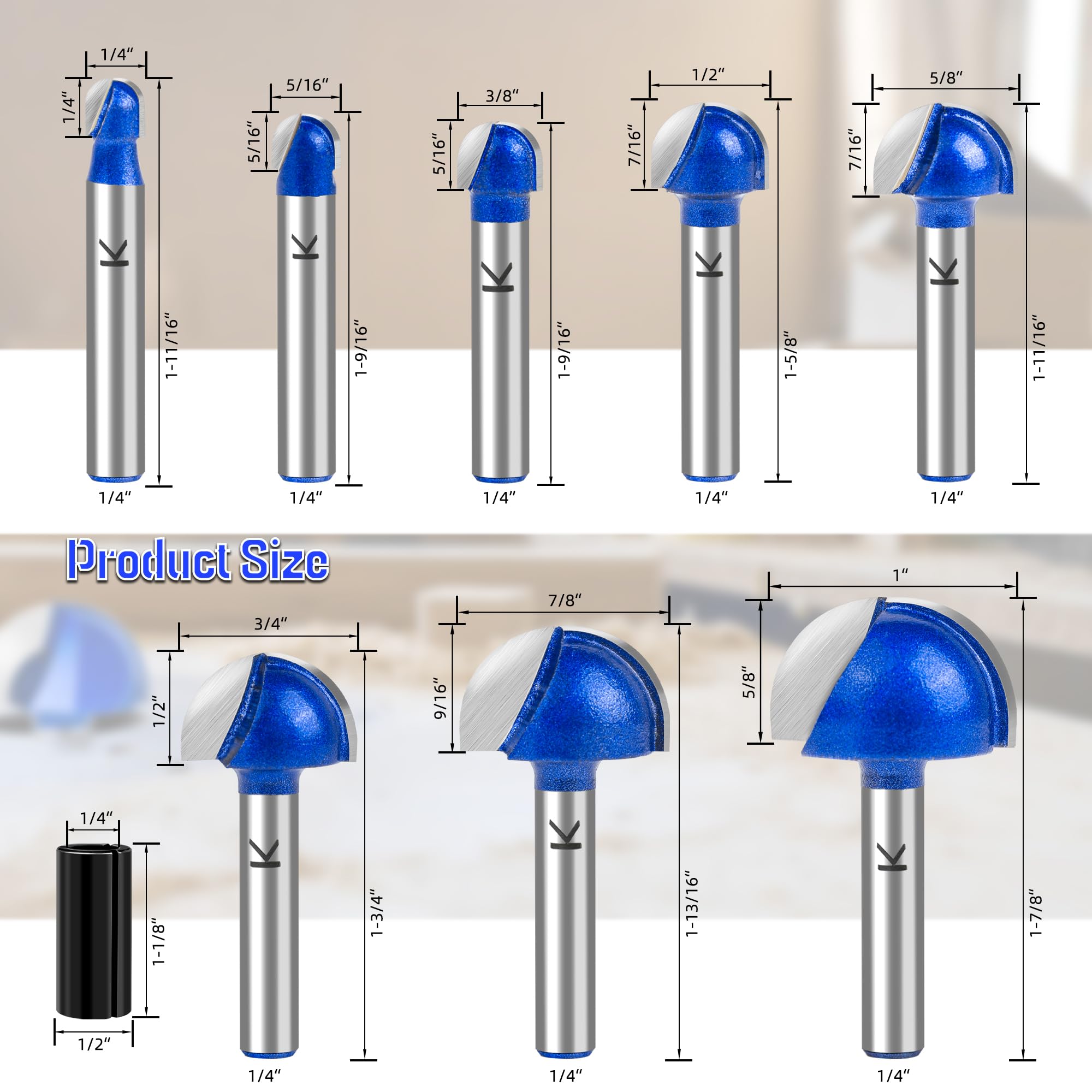 Set di 8 punte per fresa a punta tonda con gambo da 1/4", con punta in carburo da 1/4 5/16", 3/8", 1/2", 5/8", 3/4", 7/8", diametro di taglio, per fai da te, progetti di lavorazione del legno