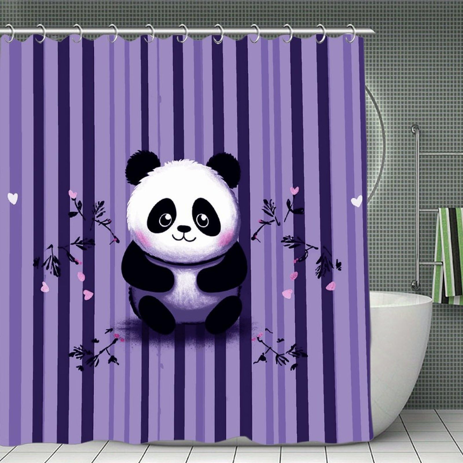 VstaDank Purple Striped Panda Shower Curtain Light-Weight Blackout Bathroom Curtain Washable Shower Liner 71x71 Inch Bath Curtain with Metal Holes Bathtub Bath Room