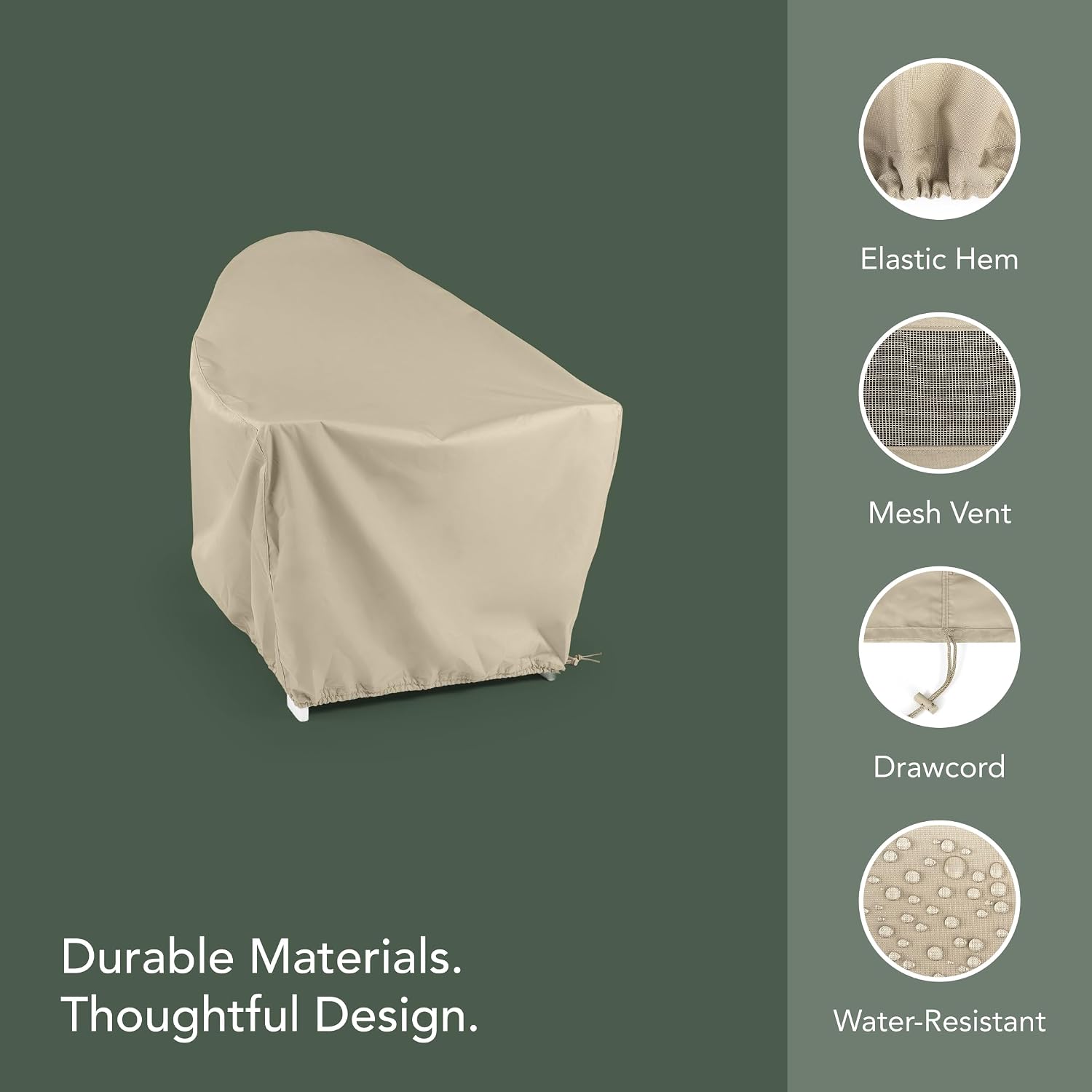 Covermates Elite Outdoor Adirondack Chair Cover – 300D Water-Resistant Polyester Patio Chair Protector with Drawcord Hem, Buckle Straps & Mesh Vent, 32W x 34D x 38H, Khaki