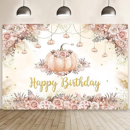 MEHOFOND Telón de fondo de cumpleaños bohemio rosa de 7 x 5 pies para niña, otoño, bohemio, floral, hierba de las pampas, fondo de fotografía de