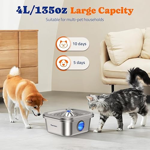Miniatura 10 de Pawtners Fuente de agua para gatos de acero inoxidable de 4 L140 onzas para mascotas, cuenco de agua para interiores, dispensador automático de