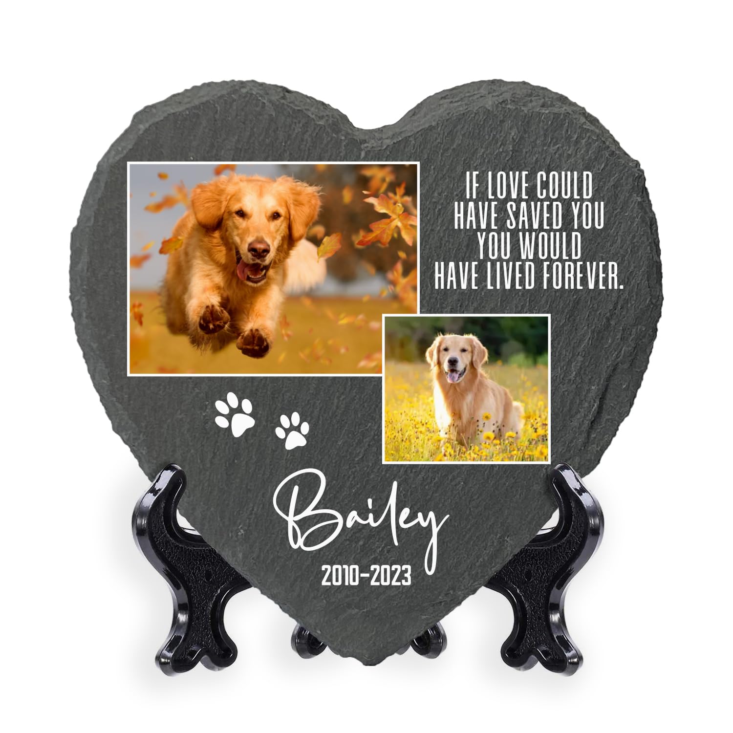 AIGAT Personalised Custom Heart Shape Memorial Plaque 9.8" x 9.8" / 25 x 25 cm With Stand For Pet Cat Dog Slate Stone Paw Grave Marker - Two Photos — image 1