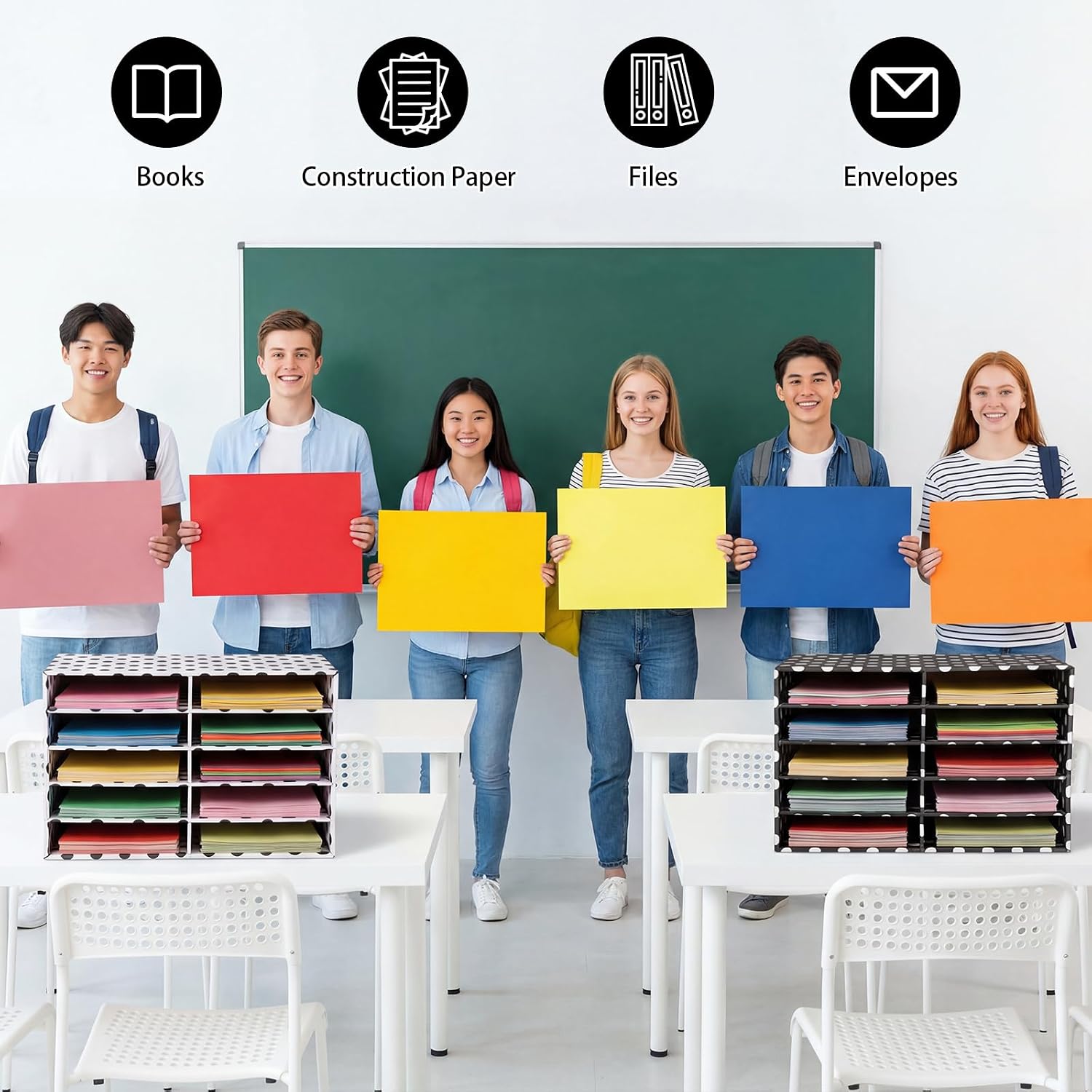Dispowreath 2 Pack 10 Slots Construction Paper Storage, Classroom Mailboxes, Back to School Literature Cardboard Paper Organizer for Teacher, Office, 19.7 x 12.4 x 11.8 Inches(Black and White,Dots)