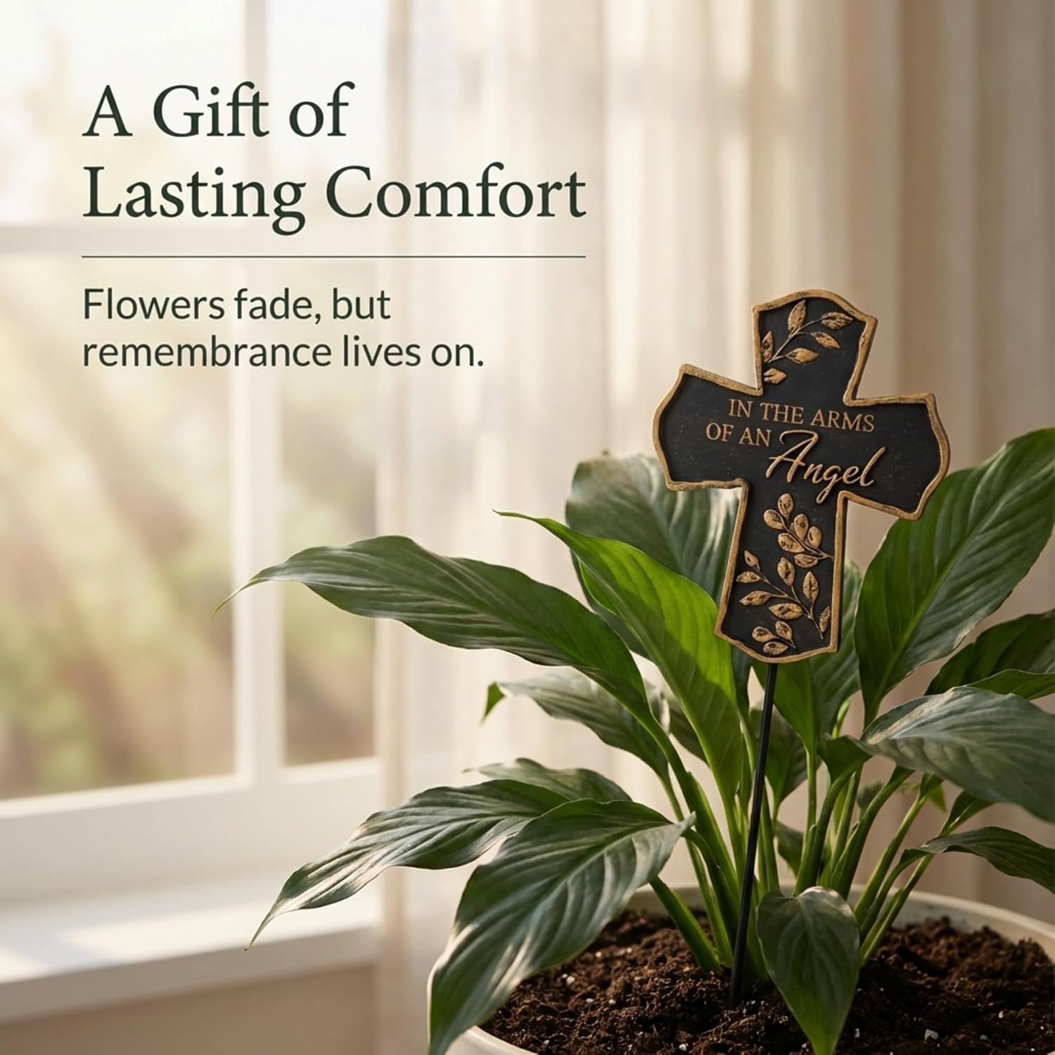 The Bridge Collection “in The Arms of an Angel” Sympathy Plant Pick – Memorial Cross Accent for Potted Plants – Small Remembrance Decor for Indoor Or Outdoor Planters and Floral Arrangements