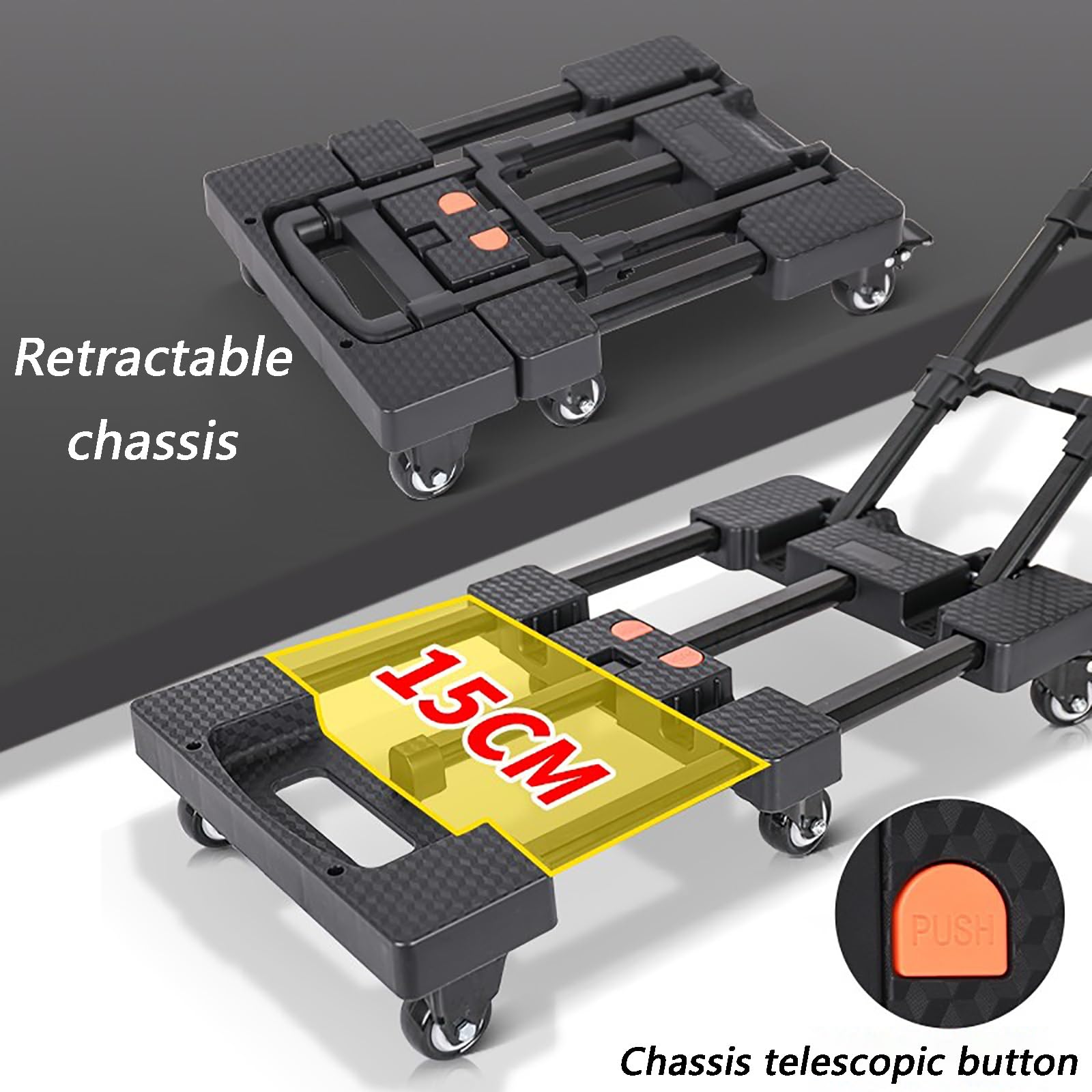 Plattformwagen, Tragfähigkeit 200 kg, verstellbare Zugstangenhöhe, for Umzug, Reisen(Black,Small)