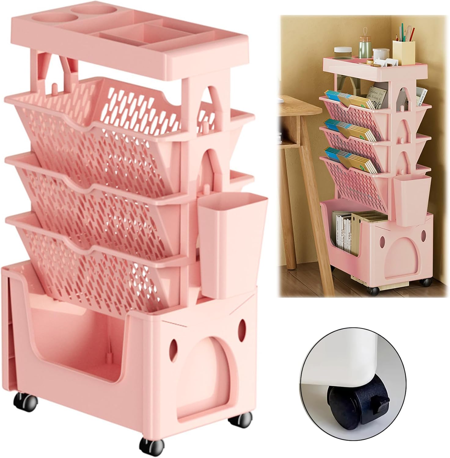 Atkits Rolling Bookshelf Cart Narrow 5 Tier Book Rack Storage Bookshelf Mobile Book Shelf with Wheels for Office Dorm Classroom,Pink