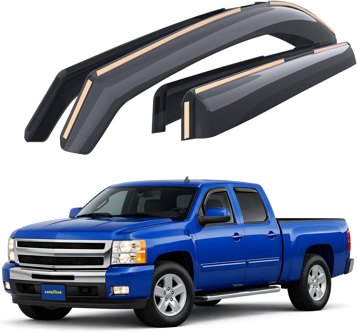 Goodyear In-Channel Window Deflectors for Chevrolet Silverado/GMC Sierra Crew Cab (2007–2013) — 4pc