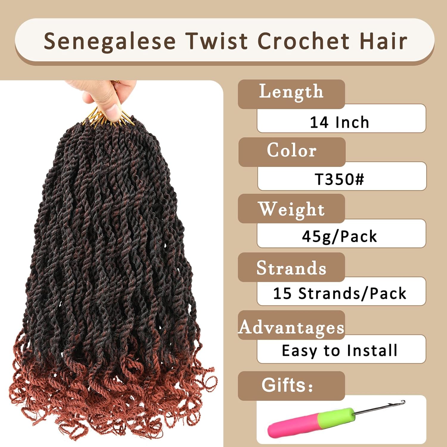 Kachanaa 14 Inch Wavy Senegalese Twist Crochet Hair 8 Pack Synthetic Short Pre Looped Kids Crochet Braids with Curly Ends Pre Twisted Small Havana Twist Braiding Hair for Black Women T350#
