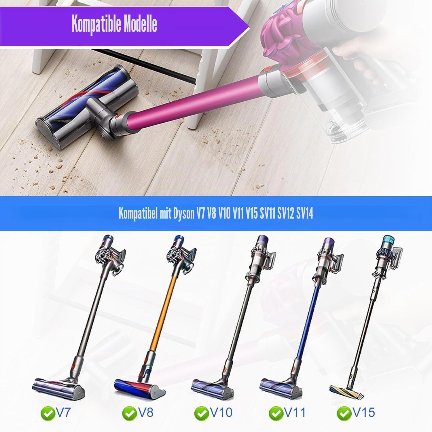 Elektrische Bürste kompatibel für Dyson V7 V8 V10 V11 V15 SV10 SV11 SV12 SV14，Ersatzteil Direktantrieb Reiniger Kopf Turbine Bodendüse，Zubehör für Turbobürste für Hartboden und Teppiche