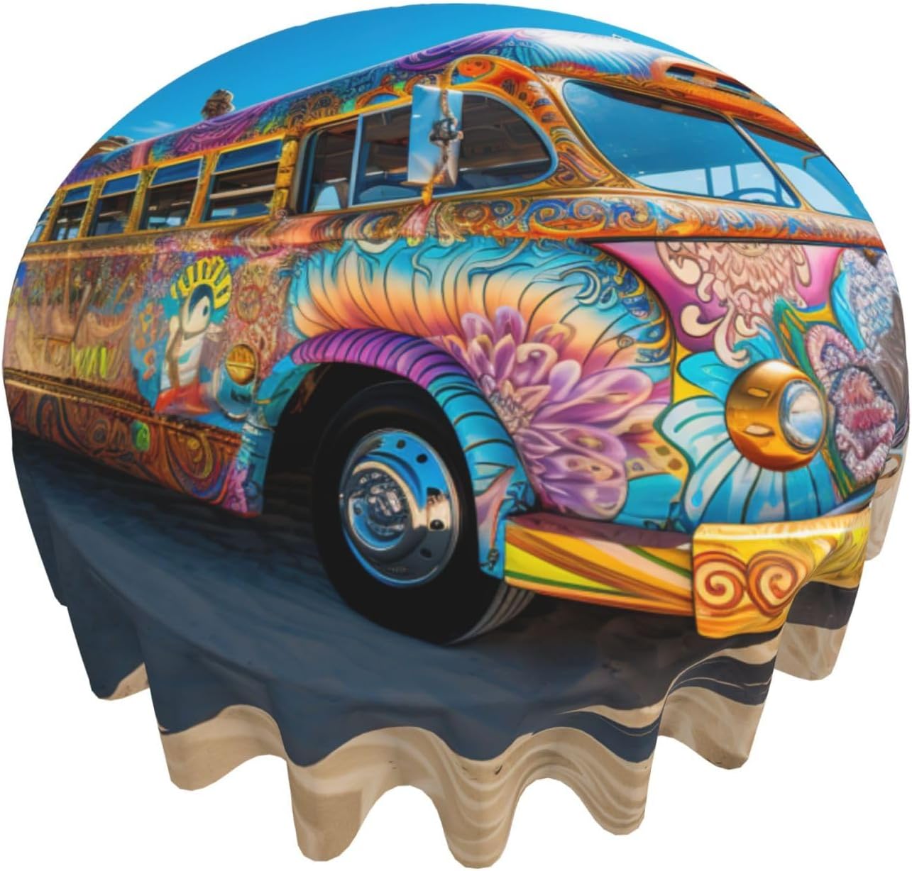 Beach Bus Print Wrinkle Free Dining Table Cover for Birthday Party Farmhouse Tablecloths Up to 60 x 60 Inches
