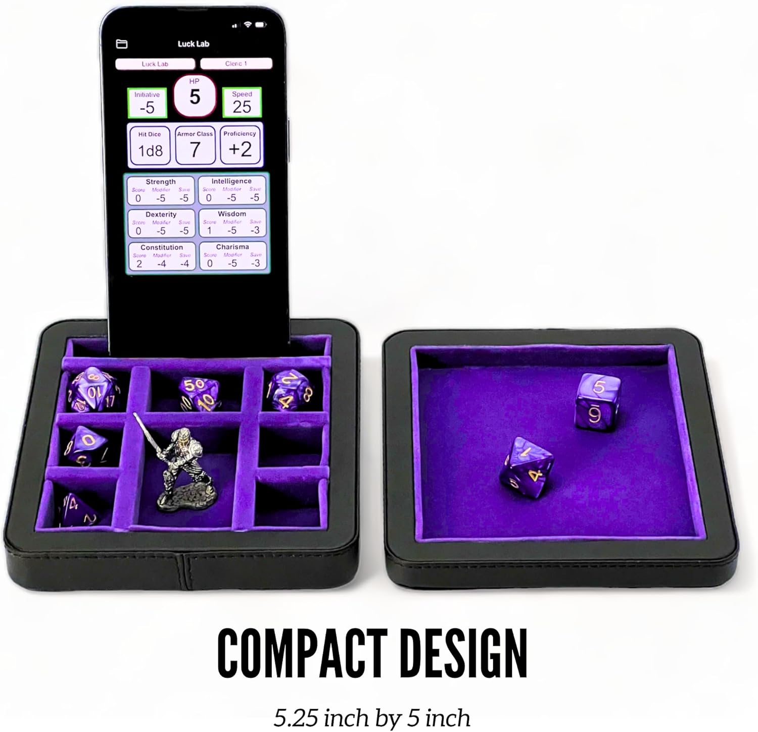 Luck Lab Compact Magnetic Dice Case with Dice Tray and Phone Stand - Dice and Miniature Staging and Storage for RPG,D&D Tabletop Gaming (Purple)