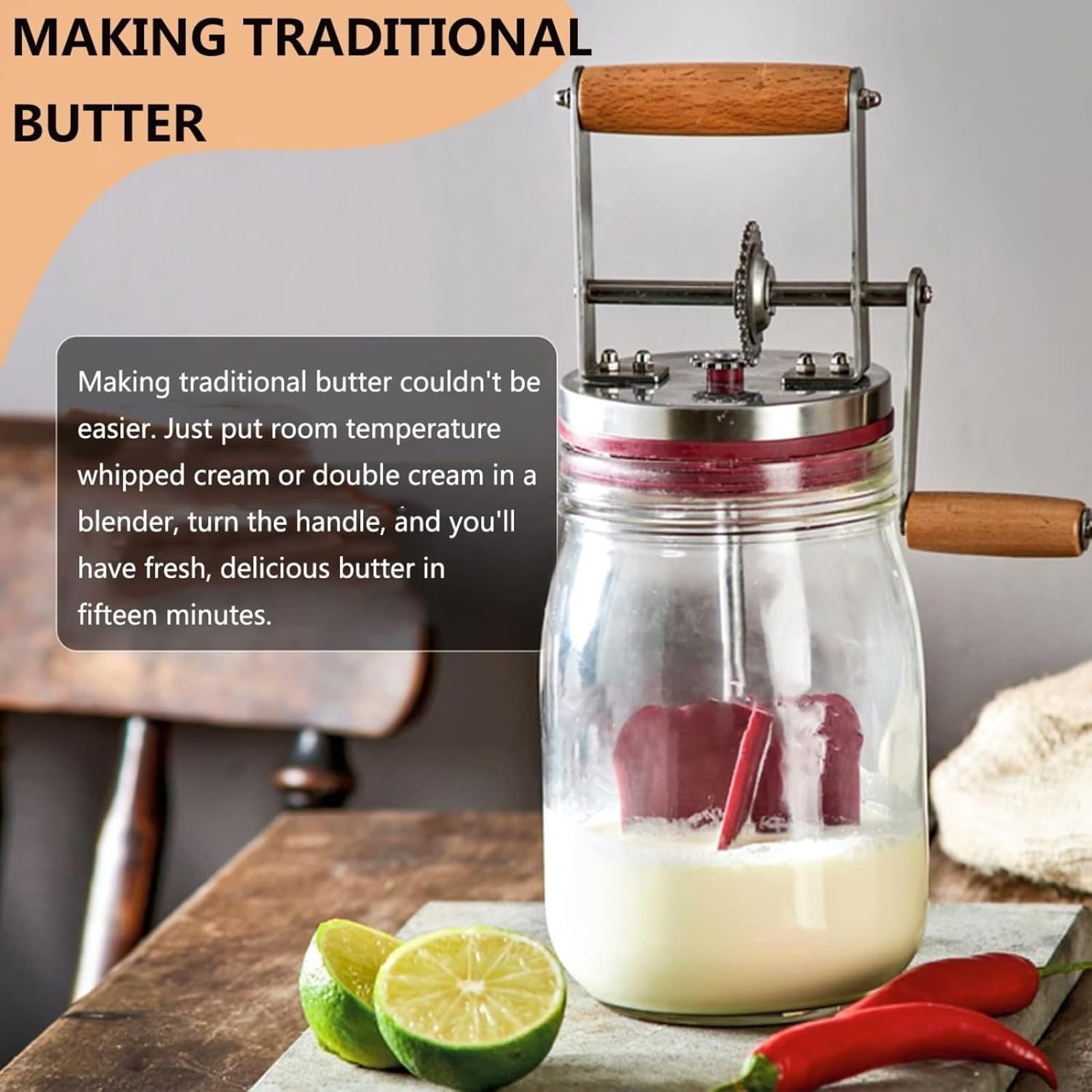 Churner manual para mantequilla, hace mantequilla casera, plato de mantequilla de porcelana, fácil de usar, color blanco