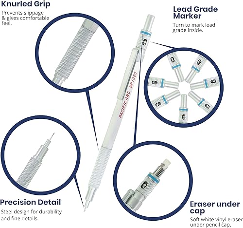 Miniatura 3 de Pacific Arc Chromagraph lápiz mecánico de metal de 0.5 mm con cañón plateado, lápiz mecánico con indicador de calibre de mina incorporado, soporte