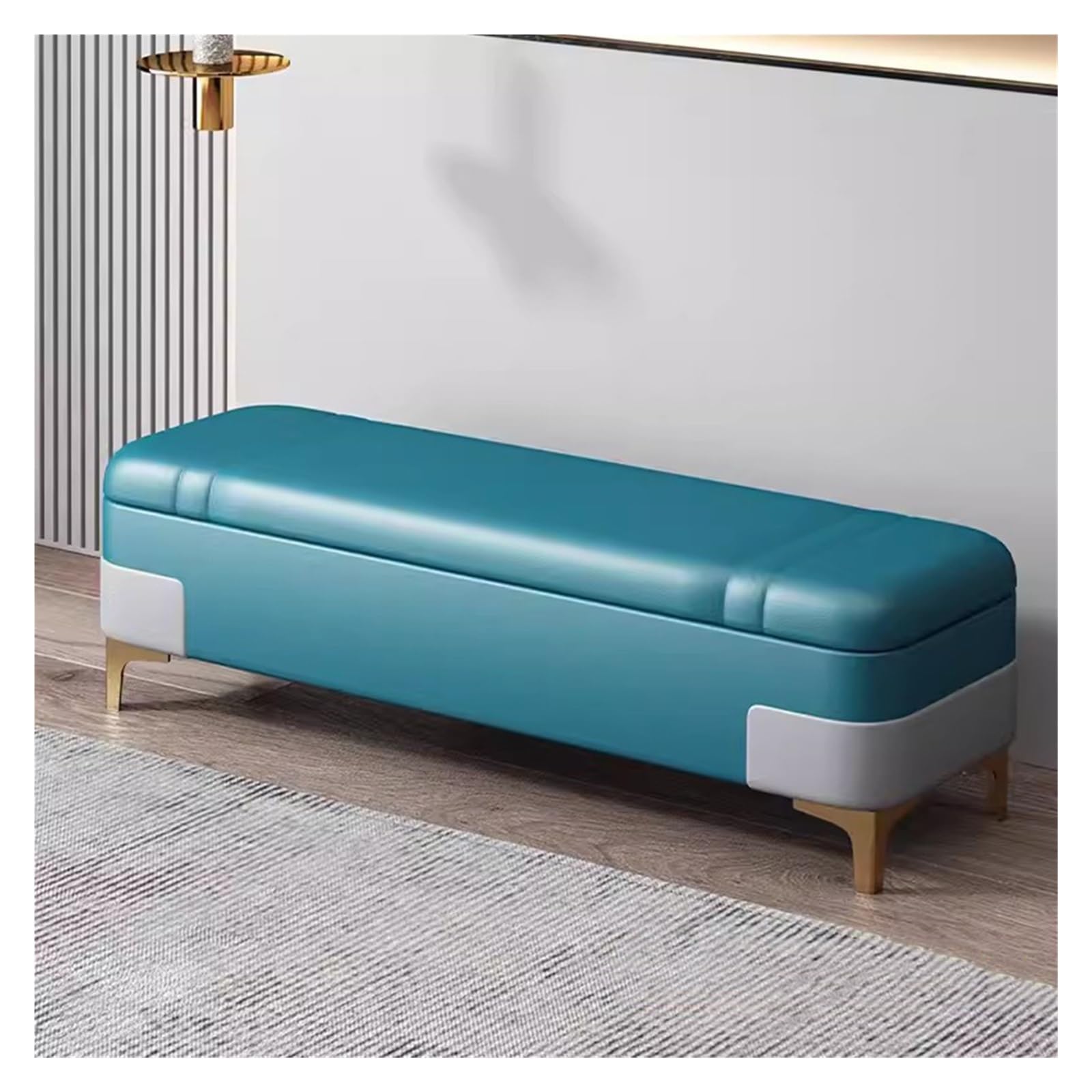 Wdsopk Blue Upholstered Ottoman With Storage Bench,Faux Leather Storage Ottoman Bench Rectangle Footstool Extra Long Bedroom Bench For Living Room,Entryway（-80Cm）