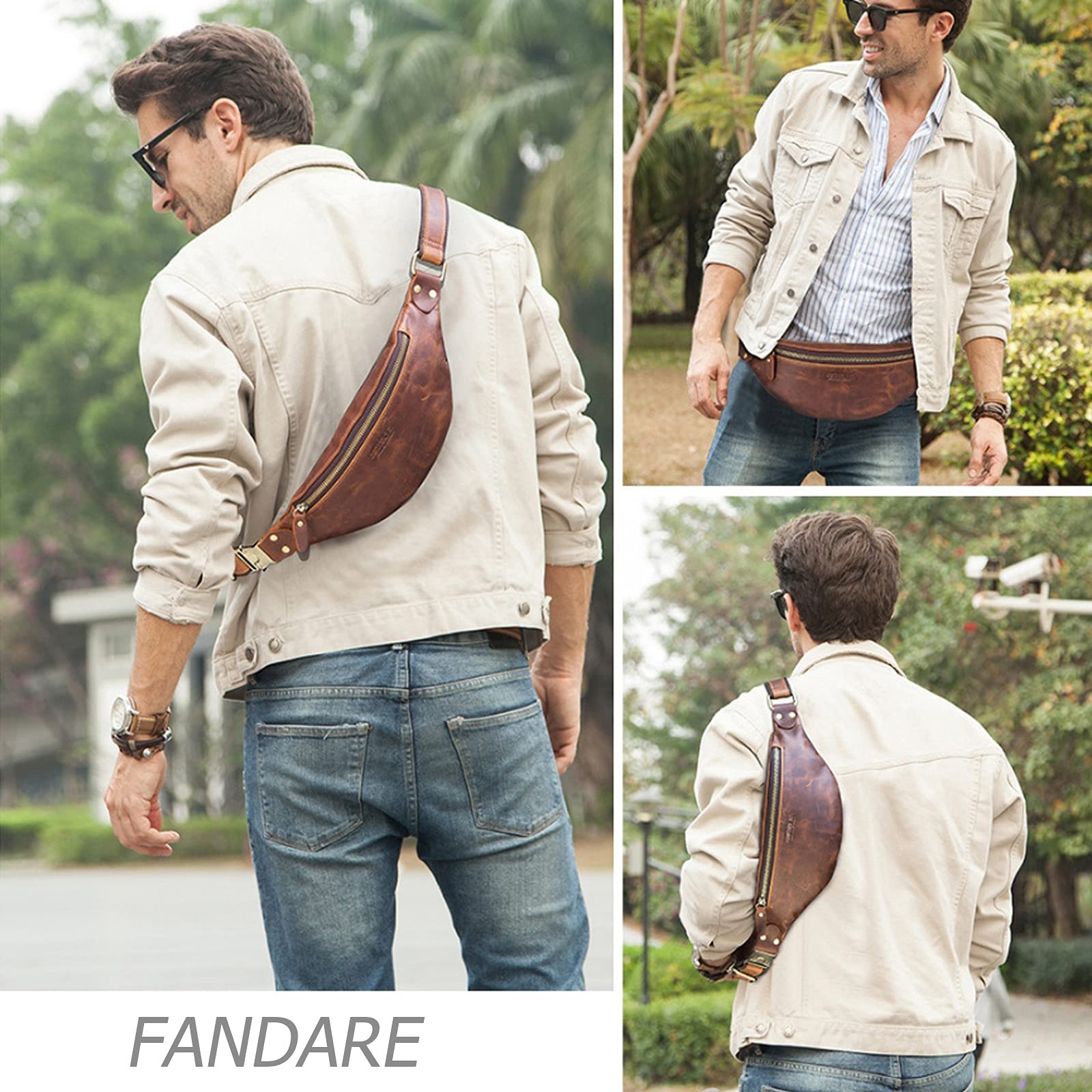 FANDARE Retro Brusttasche Leder Bauchtasche Sling Waist Bag Herren Unternehmen Schultertasche Umhängetaschen für Freien Reisen Wandern Hiking Joggen DaypacksDunkelbraun
