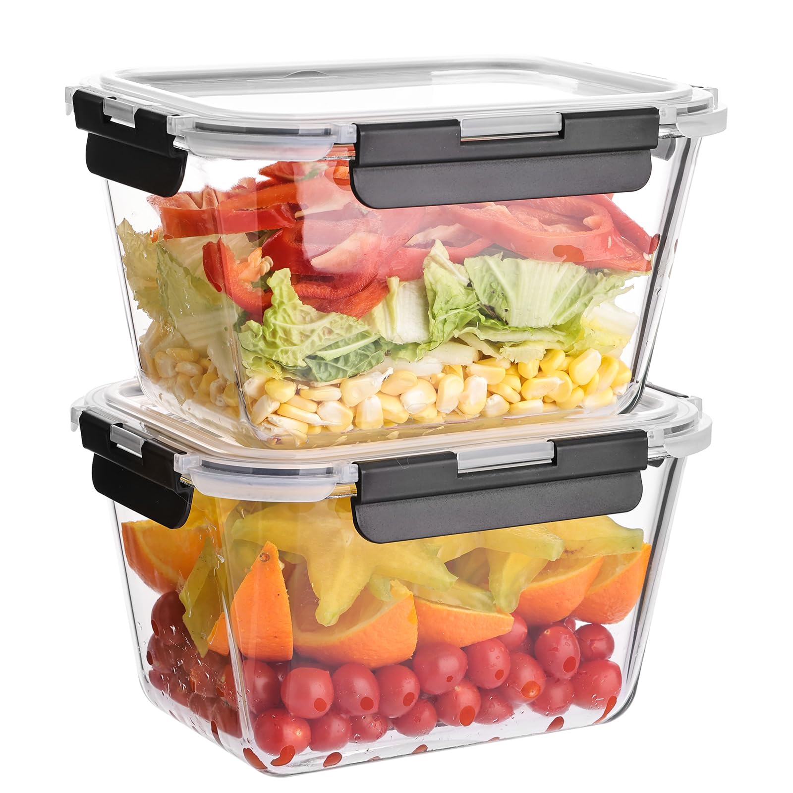 Liuruiyu 2 Pack Large Glass Food Storage Containers with Lids, 63oz Big Meal Prep Containers, Airtight Bento Boxes with Leak Proof Locking for Microwave, Oven, Freezer and Dishwasher, BPA Free 2 Pack-63oz