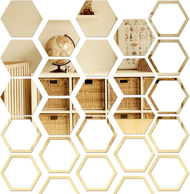 Pajaver 24 PCS Mirror Wall Stickers, Acrylic DIY Mirror, Hexagon Mirrors for Wall Art Decor, 3D Mirror for Home Bathroom living Room Bedroom Sofa TV Setting Wall Office Decoration-Golden