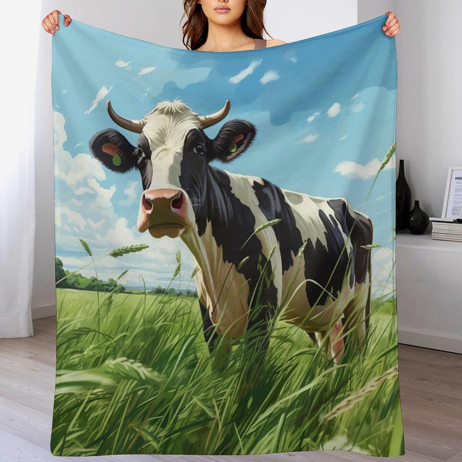 Couverture en flanelle imprimé vache grand plaid doux pour lit