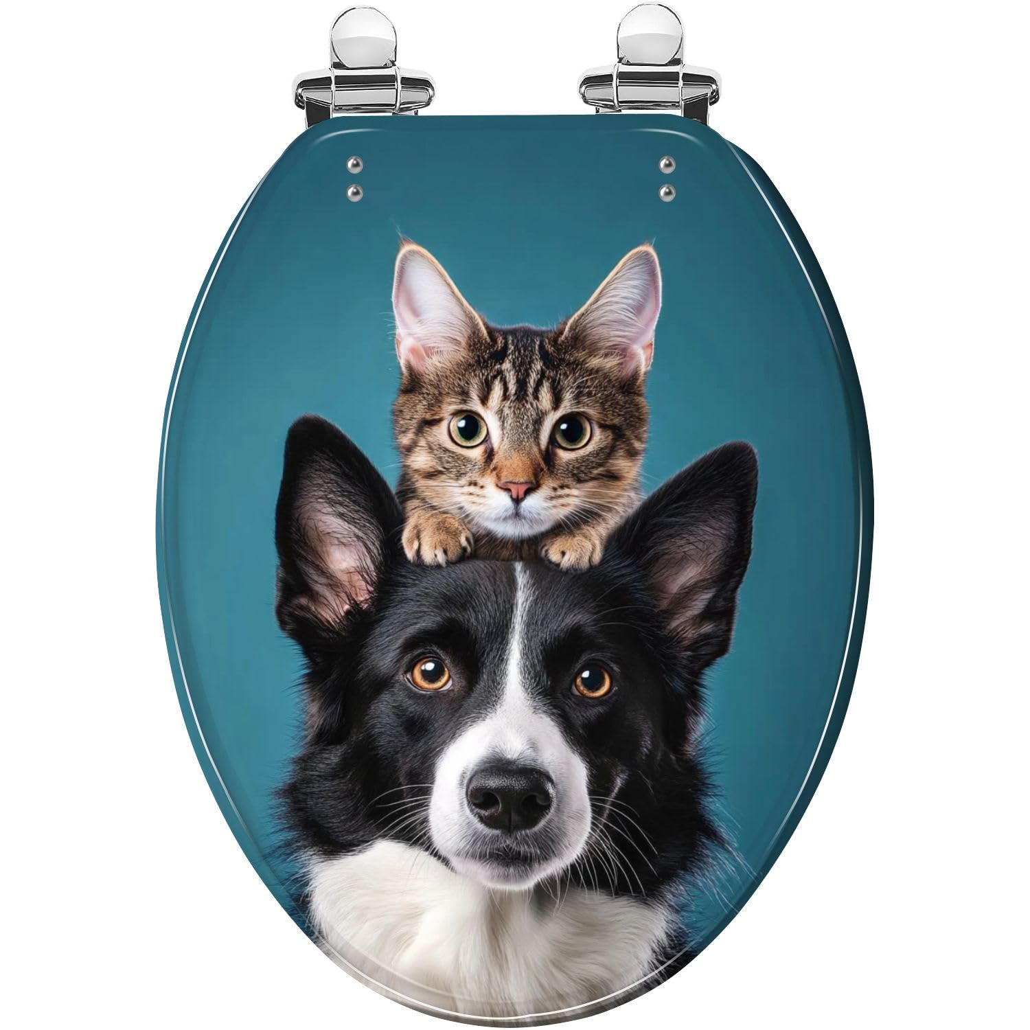 Elongated Resin Toilet Seat with Cover, Border Collie & Hiding Cat Art