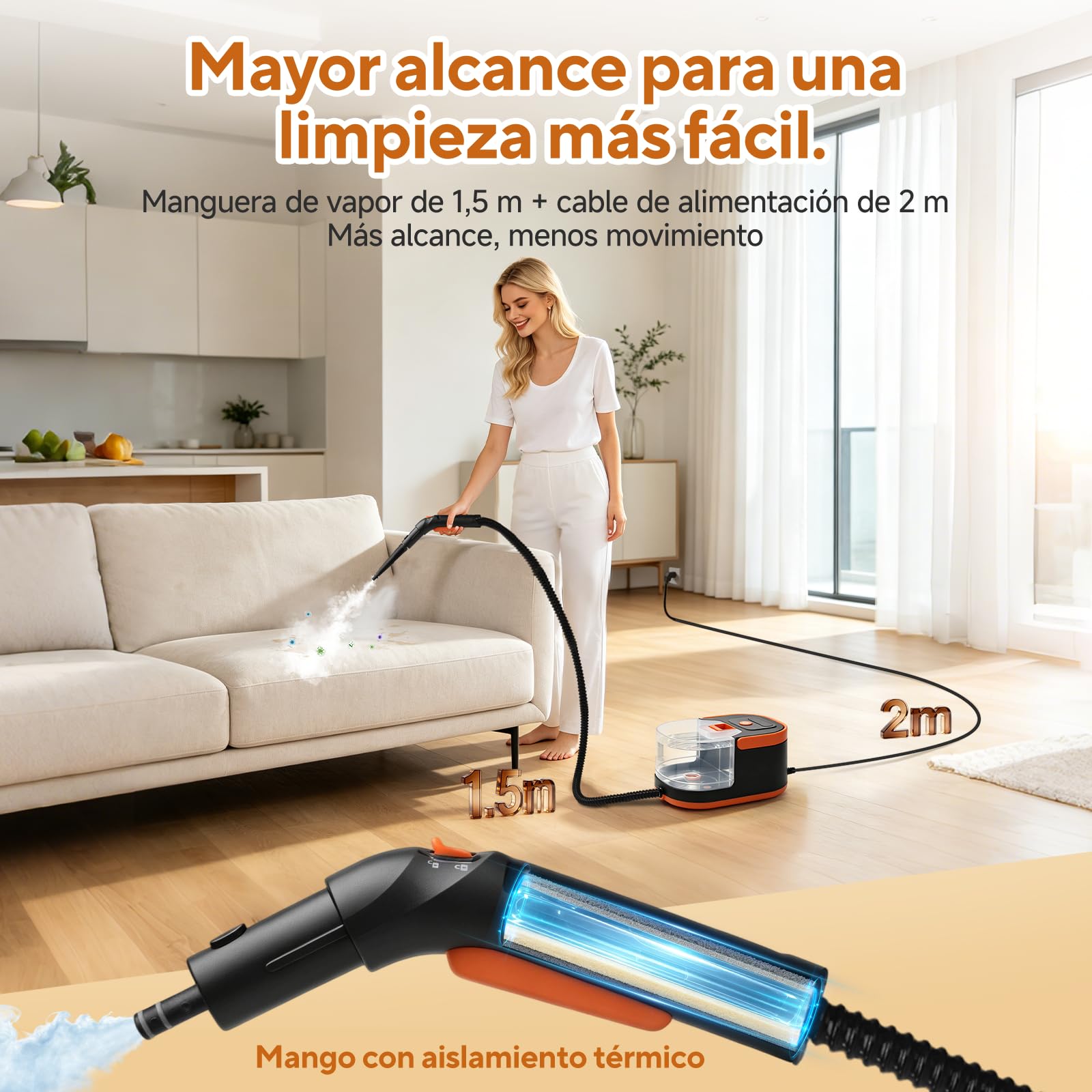 Vaporeta Limpieza Hogar 105°C Alta Presión con Depósito Extraíble 1,5L | Calentamiento en 30s, 3 niveles de vapor y depósito extraíble de 1,5 L para limpiar cocina, baño, coche y tapicerías.