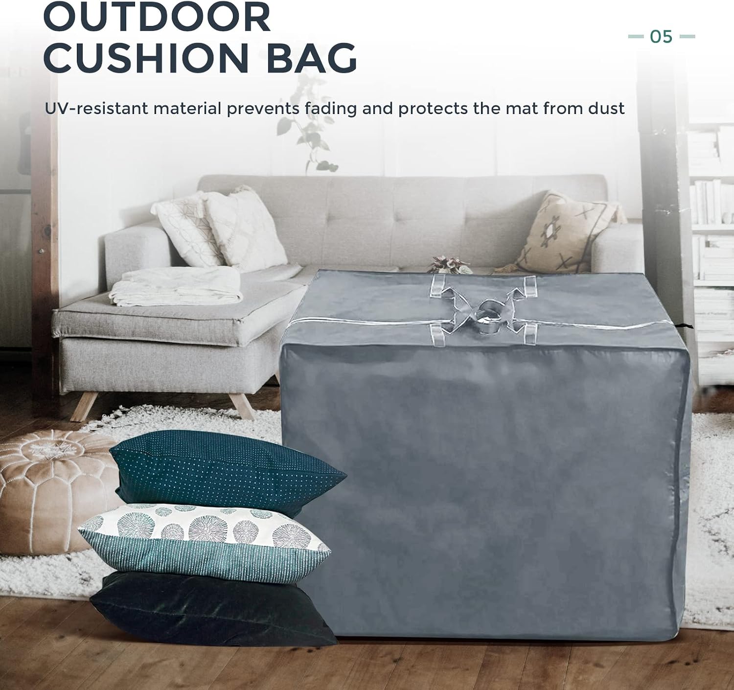 Outdoor Cushion Storage Bag, 420D Waterproof Square Patio Cushion Storage Bag 32 x 32 x 24 Inch with Zipper and Handles, All Weather Protective Cover for Outdoor Furniture Pillows, Grey