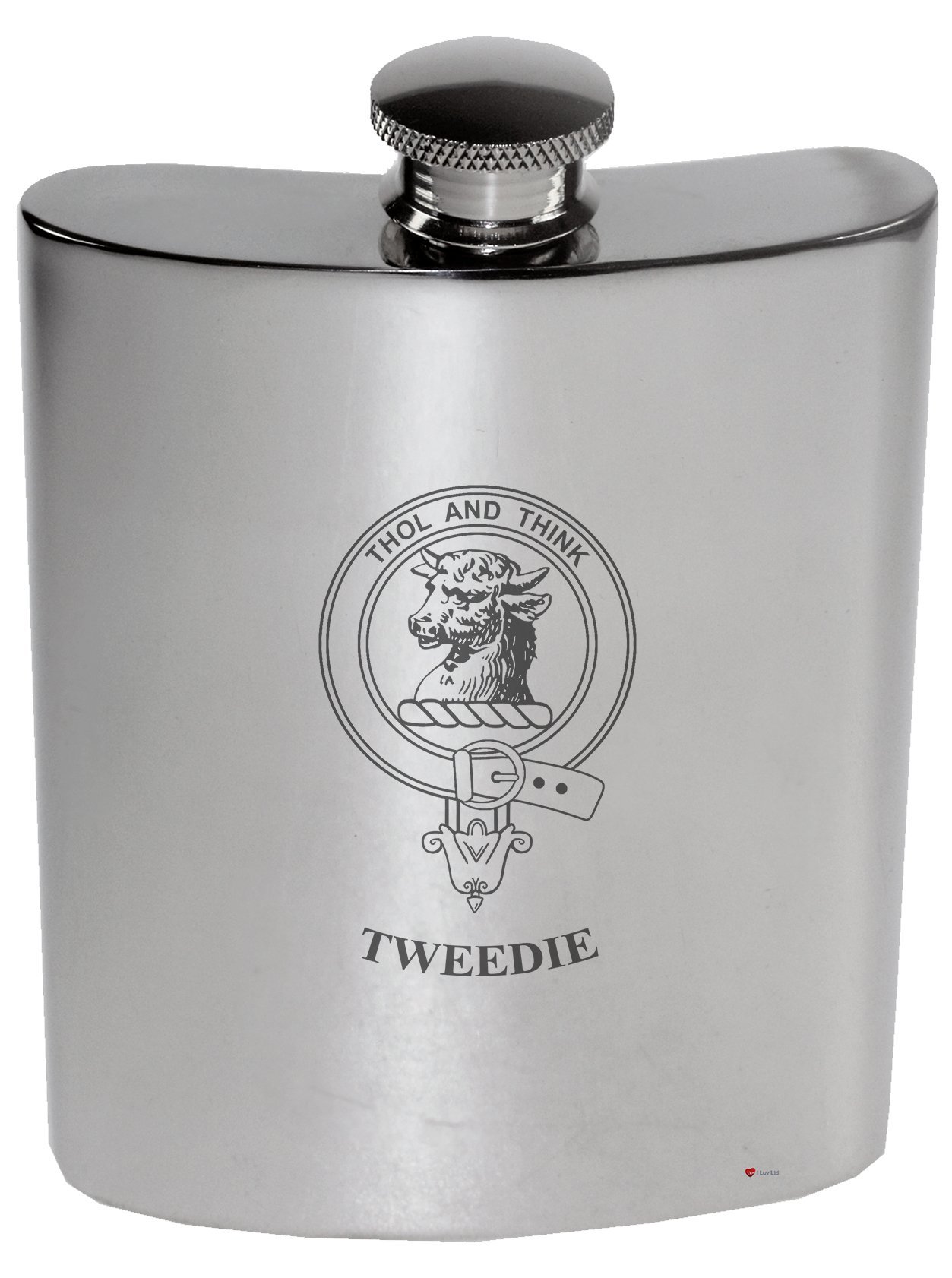 Flacon de rein Tweedie en étain poli 6 oz avec crête de famille