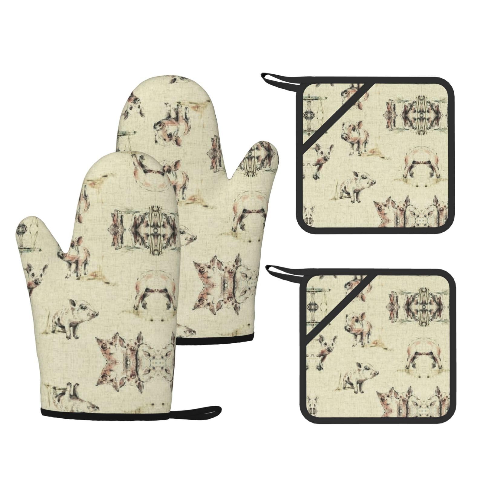 Pig Background Printed Pot Holders and Oven Mitts 4-Piece, Non-Slip Kitchen Gloves with Utensil Pocket for BBQ
