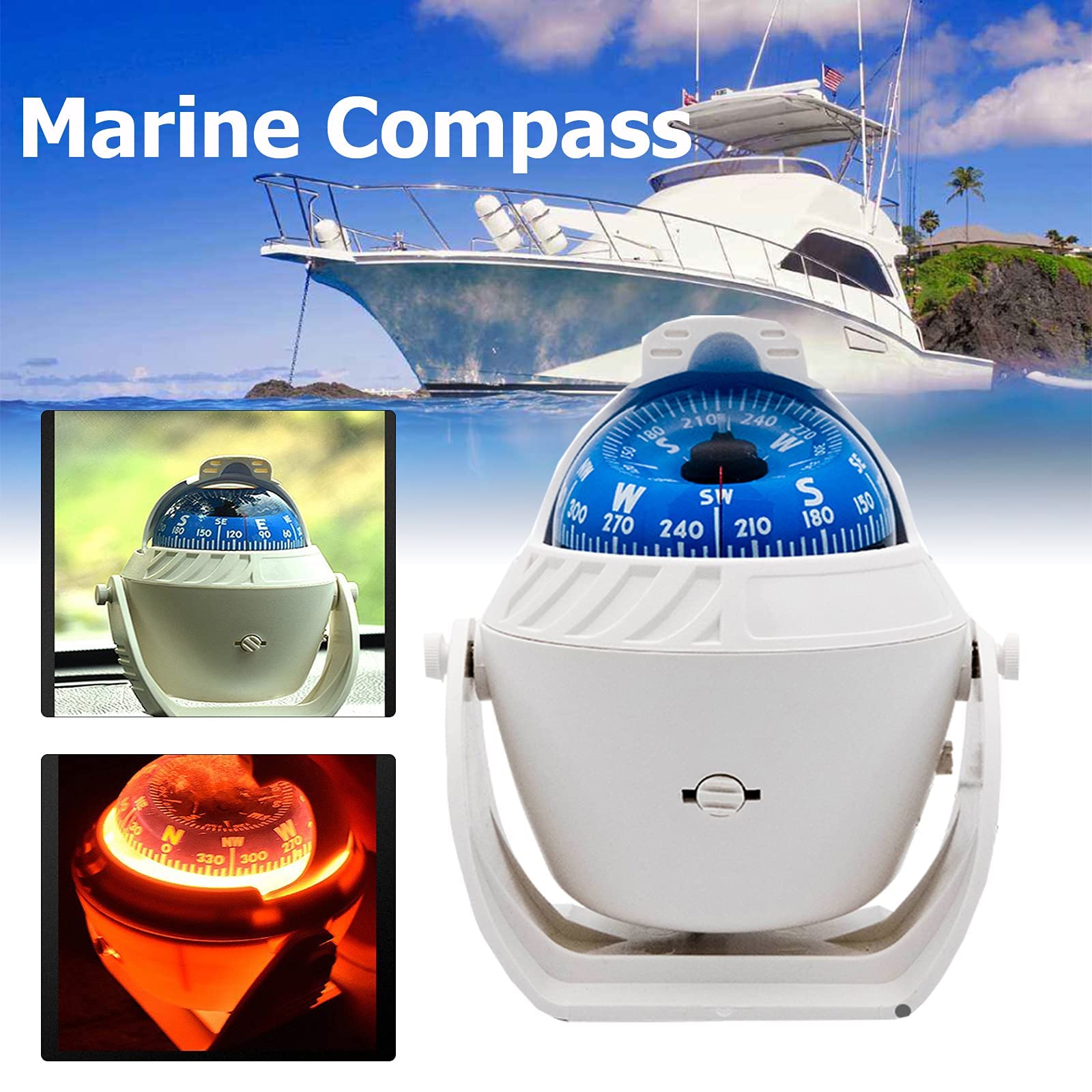 Riloer Boussole Bateau Boussole Marine avec Mont Boussoles Boule Étanche pour Bateau Caravane Blanc Tableau Bord pivotante pour Bateau, Voiture, éclairée