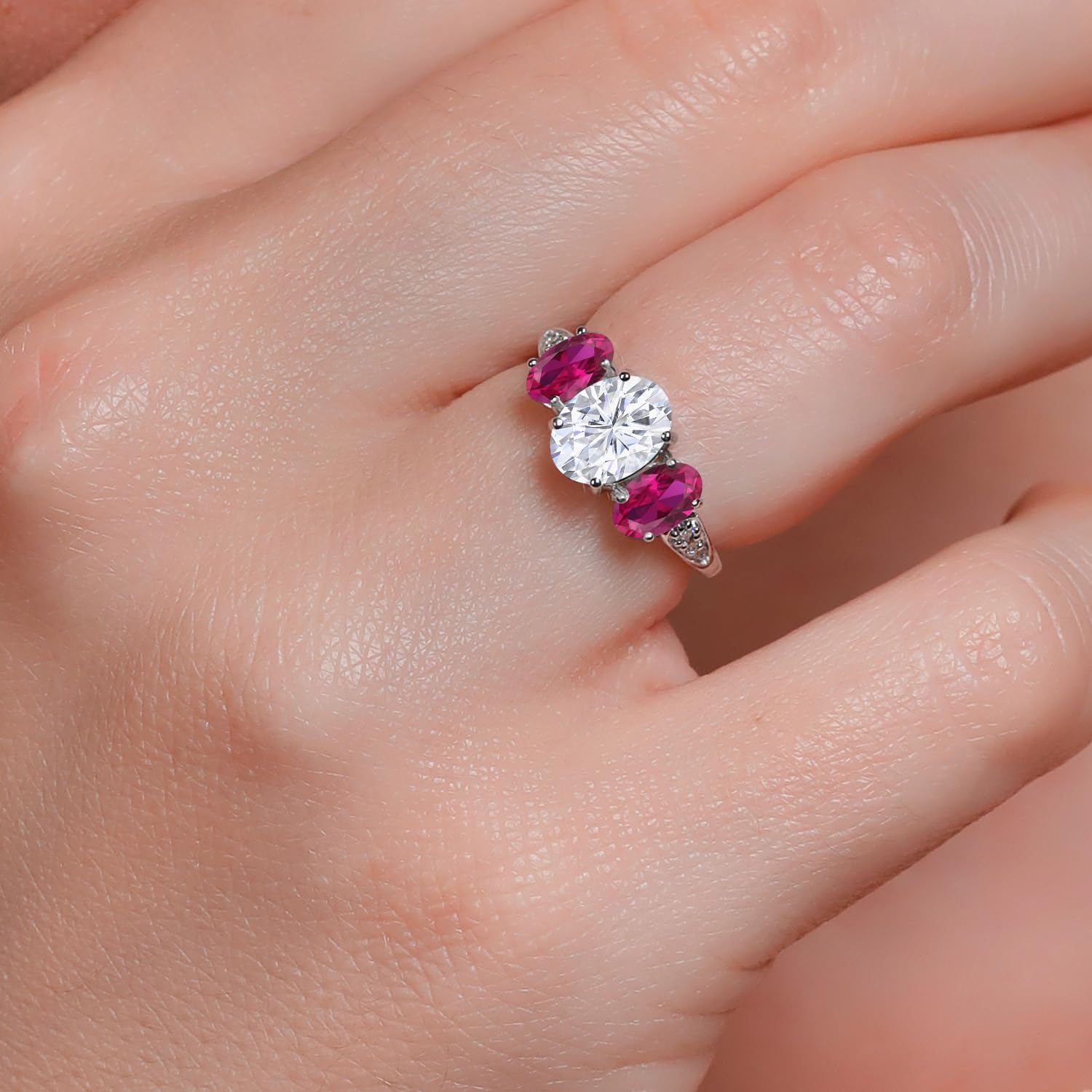 Gem Stone King 10K White Gold 3-Stone Engagement Ring for Women | Moissanite Gemstone Birthstone & Lab Grown Diamond | Oval 8X6MM 6X4MM | Wedding Anniversary Ring