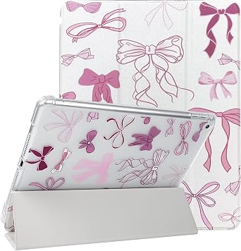 Lovmooful Compatible for iPad 5/6 9.7-Inch,2018/2017 Model,6th/5th Generation Case with Pencil Holder Cute Ribbon Bowknot Soft TPU Trifold Stand Protective-White&Pink