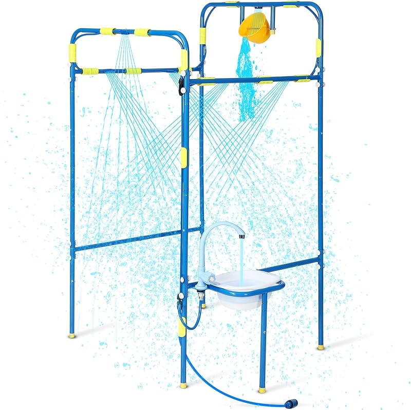 Backyard Waterpark for Kids, Heavy-Duty Steel Water Park Sprinkler Toy Game with Splash Buckets, Collapsible Wash Basin & Water Faucets, Water Play Activities Outdoor Summer Toys