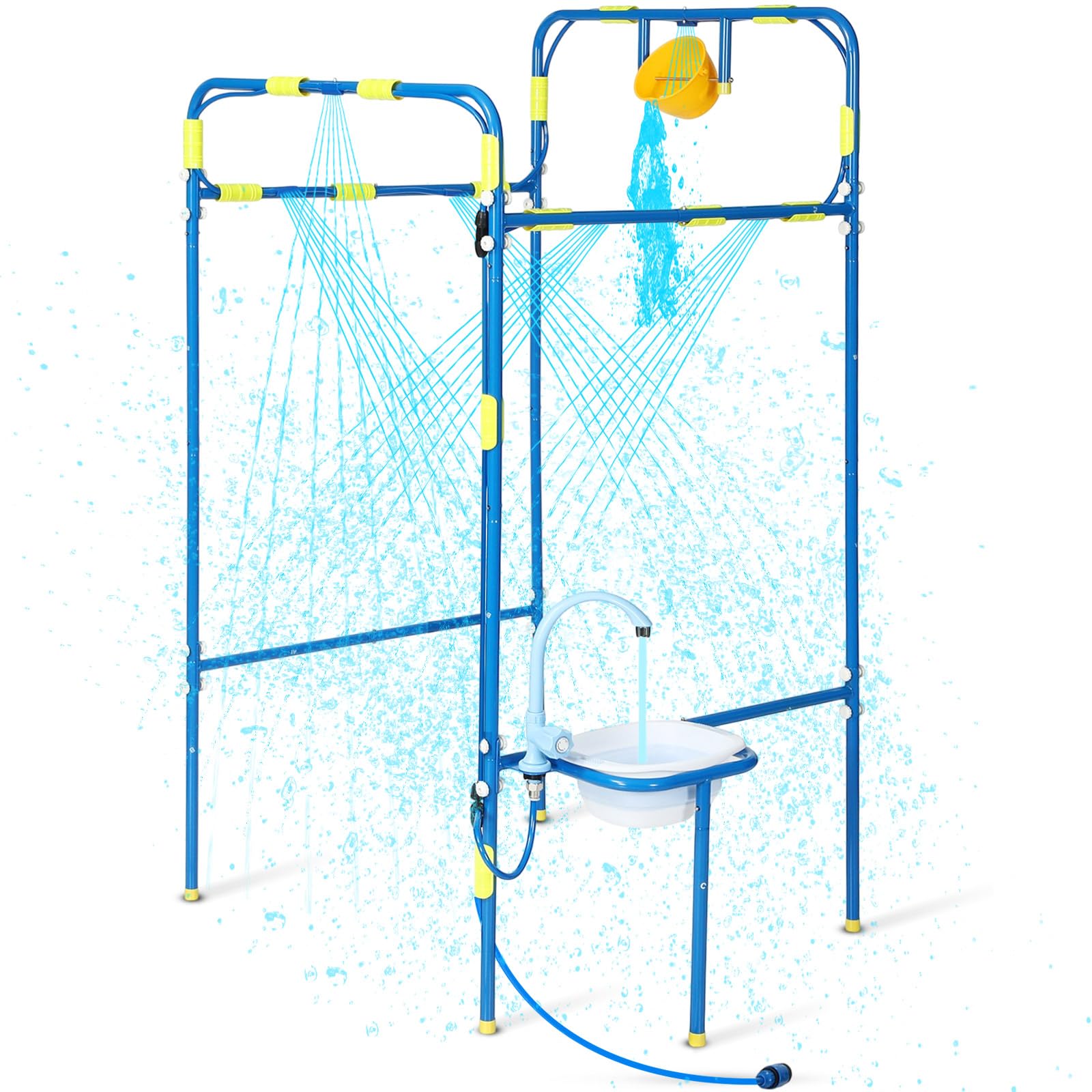 THISWUW Backyard Waterpark for Kids, Heavy-Duty Steel Water Park Sprinkler Toy Game with Splash Buckets, Collapsible Wash Basin & Water Faucets, Water