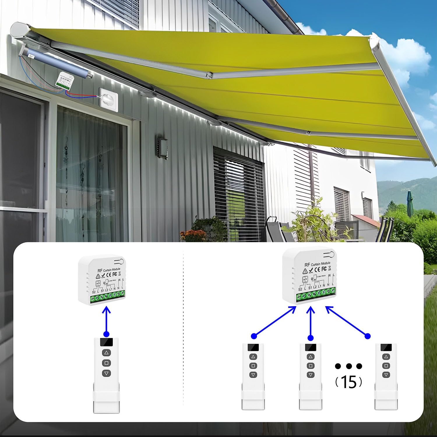 Image showing multiple remote controls operating a single awning