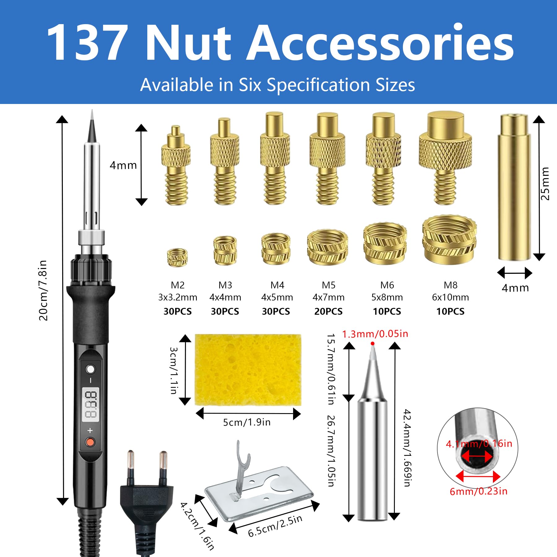 Gewindeeinsätze Lötspitzen Set, 80W LED Temperatur Einstellbar, 130PCS M2-M8, 6lg. Lötspitzen, 5 austauschbare für 3D Druck