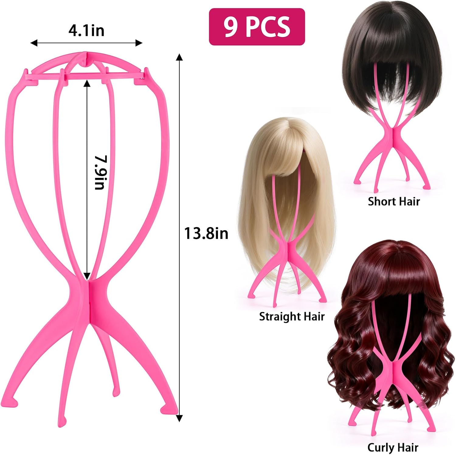Tecbeauty 9 Pcs Wig Stand, Portable Wig Holder Wig Head Stand for Women Multiple Wigs (Pink)