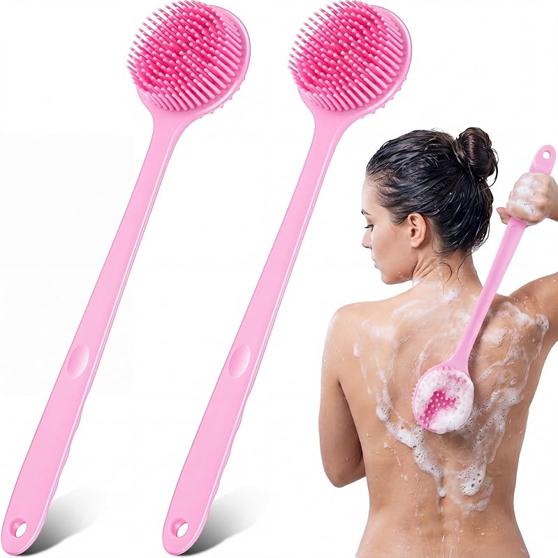 Sunnyray Escova de Silicone para Banho e Corpo com Cabo Longo, Dupla Face, Rosa, Pacote com 2