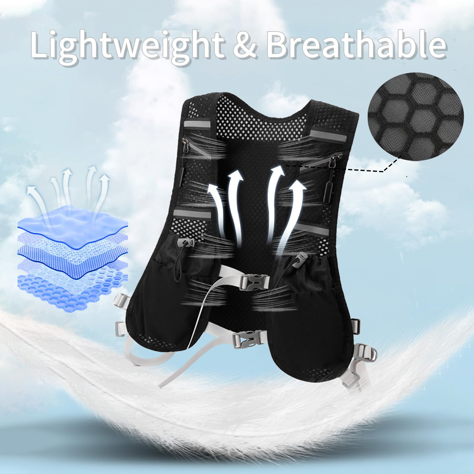 Gilet de course pour homme et femme - Ultra léger - Réfléchissant - Avec bouteille d'eau de 500 ml - Sangles de poitrine réglables - Pour la course, le cyclisme, les trails, les marathons